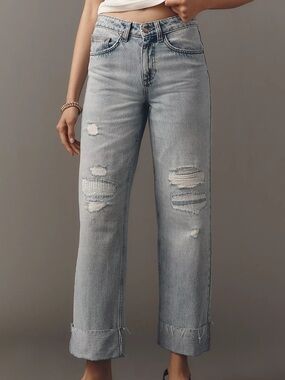 Seventy + mochi Anthropologie Low-Rise Straight-Leg cuffed distress Jeans sz 25